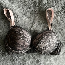 La Senza Grey & Pink Lace Padded Push Up Plunge Bra Size 32B