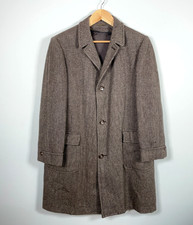 VTG Wool Tweed Overcoat Men's 46 Brown Herringbone + Zip Out Plaid Liner