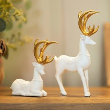 Christmas Reindeer Ornament Xmas 2pc Set Stag Ornament White Standing Sitting