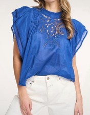 Suncoo Paris Cobalt Blue Love Embroidered Voile Blouse  Ruffle Sleeves T2