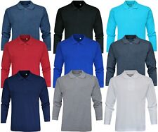 Long Sleeve Polo Shirt Plain 2 Button Collared Top Pique Cotton Mix Casual Wear