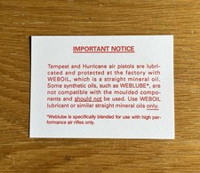 Webley and Scott Tempest/Hurricane Weboil Notification Card.