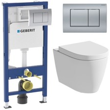 Rimless Wall Hung Toilet Pan Soft Close Seat & Geberit Concealed Cistern Frame