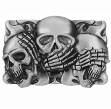 Hear No See No Speak No Evil Skull Skeleton Belt Buckle Chrome UK Biker Gothic
