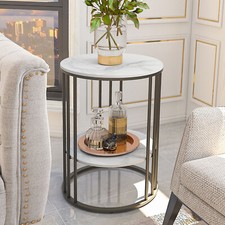 Modern Round End Table 2-Tier Slate Stone Side Table Nightstand for Living Room