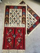 3 Vintage  Hand Knotted  Geometric Bulgarian Balkan Sarkoy Small Wool Rugs Kilim