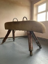 Vintage Gymnastic Pommel Horse, English, Suede, Pine, Athletic, Vaulting,