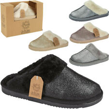 WOMENS SLIP ON GLITTERY WARM COSY WINTER FUR LINED LADIES INDOOR MULES SLIPPERS