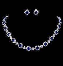 18k White Gold Plated Necklace Earrings Set made w Swarovski Crystal Blue Stone