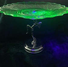 Art Deco Bagley Uranium Green Glass Rose &Leaf Cake Plate Naked (Nude) lady base