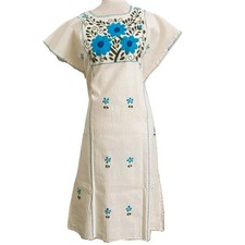 Mexican Manta Dress Oaxaca: Organic Huipil Cotton - Blue Flowers -One Size S to 