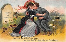 EDWARDIAN COURTING COUPLE 1 MILE TO CREWKERNE SOMERSET POSTCARD c1910'S YEOVIL 1
