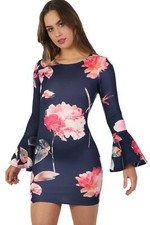 Floral Flared Sleeve Stretch Dress