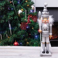 Glitter Nutcracker Soldier Free Standing Desgn Christmas Decor 40cm Silver