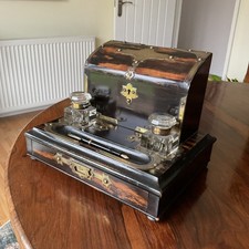 Stunning Victorian Coromandel Stationery Box With Ink Bottles And Draw