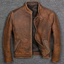 Mens real leather distress cafe racer cowhide brown vintage biker leather jacket