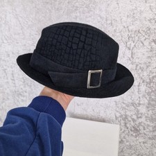Whiteley Fedora Hat Croc Pattern Textured Fur Felt Short Brim Buckle Band Black 