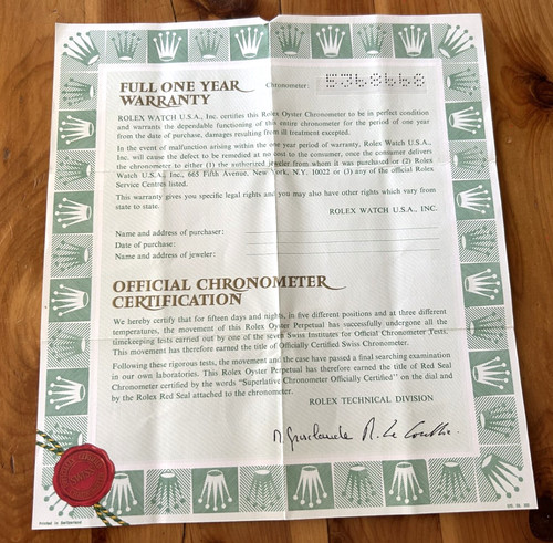 Rolex certificate guarantee - certificate,