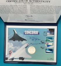 CONCORDE SILVER 1oz COIN COVER SIGNED PILOTS LOWE AND COCHRANE & RAYMOND BAXTER