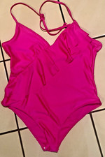 Ladies Swimsuit UK16 Vivid Pink Halter Neck Ruffle Detail High Leg Quick Dry VGC