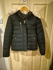 Topshop Padded Navy Jacket With Removable Fur Trim On Hood Size 8