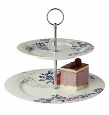 Palmer’s Silk Fine China 2-Tier Cake Stand Vintage Style Blue White Gift Boxed