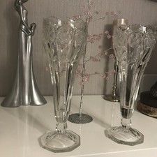 A pair of Vintage Imperial Clear Pressed Glass Stemmed trumpet Vases 12 Inch