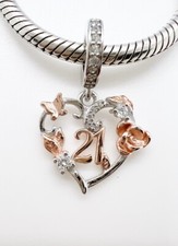 21st Birthday Dangle Charm Butterfly Rose Flower Genuine 925 Sterling Silver 💖