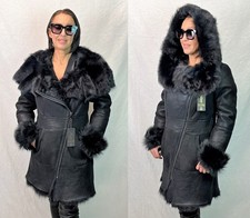 Black 100% Toscana Sheepskin Shearling Leather Winter Coat Jacket Hood XS-7XL