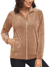 Womens Fleece Velour Zip Up Jacket Soft Velvet Coat Warm Casual Sweatshirt