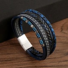 Men’s Multilayer Leather Bracelet Magnetic Clasp Braided Beaded Wristband Gift