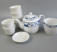 Green Tea Teapot & 6 Cups. White & Blue China / Ceramic. Asian. 600ml
