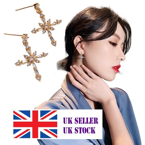 Gold cross crystal earring - cross,