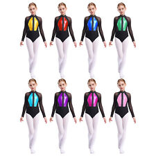 UK Kid Girls Ballet Dance Leotard Shiny Metallic Long Sleeve Gymnastics Costume