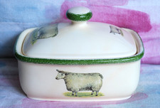 MILTON CHINA COVERED BUTTER DISH Sheeps 15cm Cream/Green USED EXCELL.COND.!