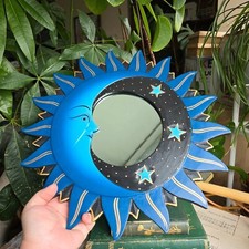 Wooden sun moon stars wall mirror blue golden whimsical