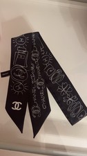 CHANEL Style Twilly Hairband Scarf Coco CC Logo, Black/White Silk