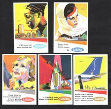 SABENA Airlines Destinations 5 Rare Large Size Trade Cards 1963 Aviation Planes