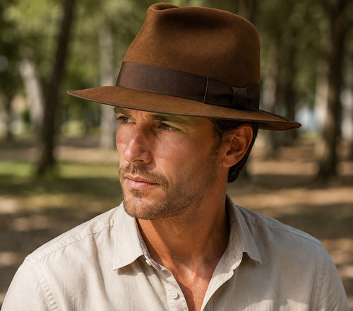 Men brown fedora hat classic - fedora,