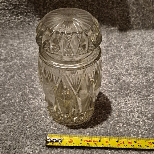 Clear cut glass round jar - clear, with