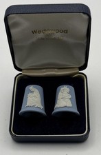 Pair Vintage Wedgewood Blue Jasper Ware Thimbles ~ Christmas 1989 ~ Boxed