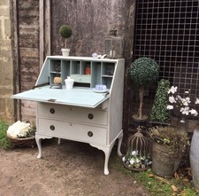 Country Style Grey & Duck Egg Blue Hand Painted Vintage Bureau Chest Of Drawers