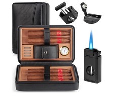Leather Cedar Wood Cigar Case, Travel Cigar Case with Hygrometer & Humidifier