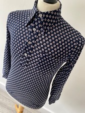 VINTAGE mens 70's MOD DAGGER COLLAR FITTED NAVY PULL OVER LONG SLEEVE SHIRT 36"