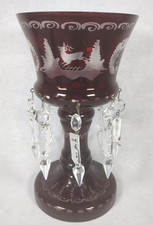 Vintage Bohemian Glass Lustre~Cranberry Glass with Etched Design~Cut Glass Prism