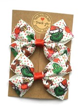 CHRISTMAS GRINCH Hair Bow Alligator Clip/ Bobbles Set Of 2 Girls Baby  Bows 