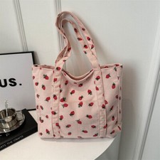 Strawberry Print Corduroy Zip Tote Shopper Handbag Shoulder Travel Bag