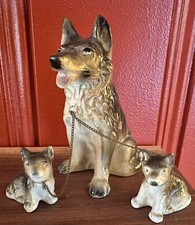 Vintage German Shepard Dog Mom With Pair Of Puppies On Chains Ceramic Figurines