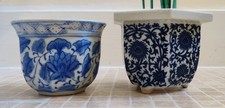 Two  Small  Blue-and-White Porcelain Planter Pots, Collectable
