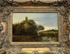 ANTIQUE OIL PAINTING Romantic River Landscape Attr. ARTHUR GILBERT 1819-1895